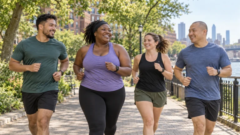 Editorial illustration of a diverse group of adults jogging together in a park; not a depiction of Latoya Snell