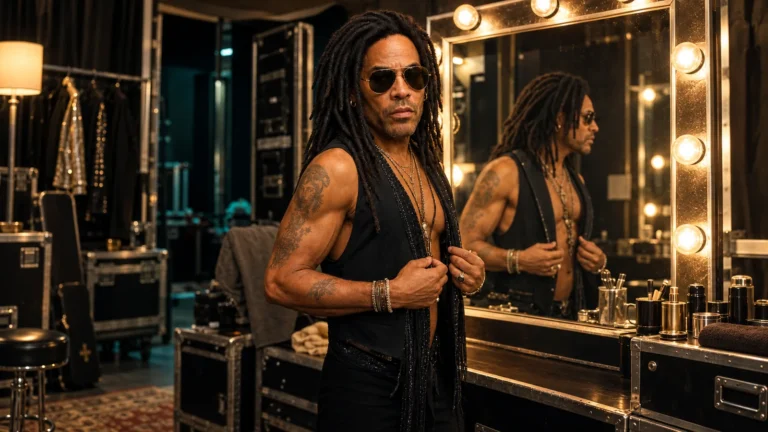 Lenny Kravitz in a black vest and sunglasses backstage beside a lit dressing-room mirror.