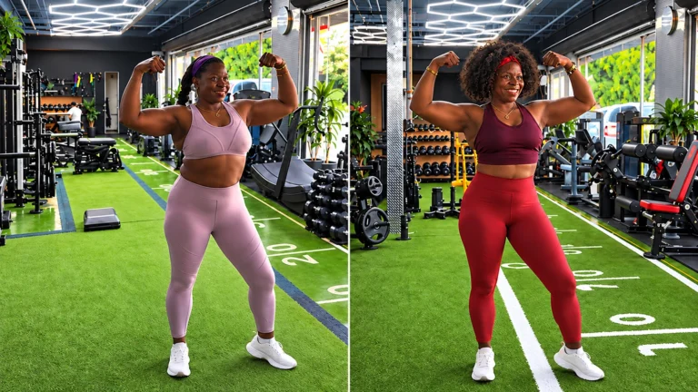 AI-edited source Facebook creative showing paired gym images of Leslie Jones flexing her arms in lavender and red outfits.