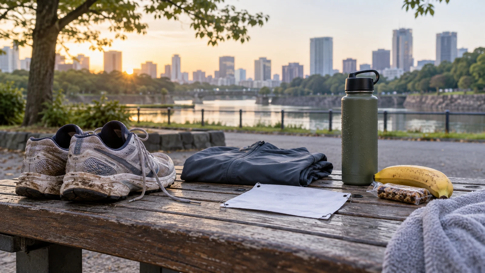 Illustrative marathon recovery setup with running shoes, water, food and a dry layer on a park bench