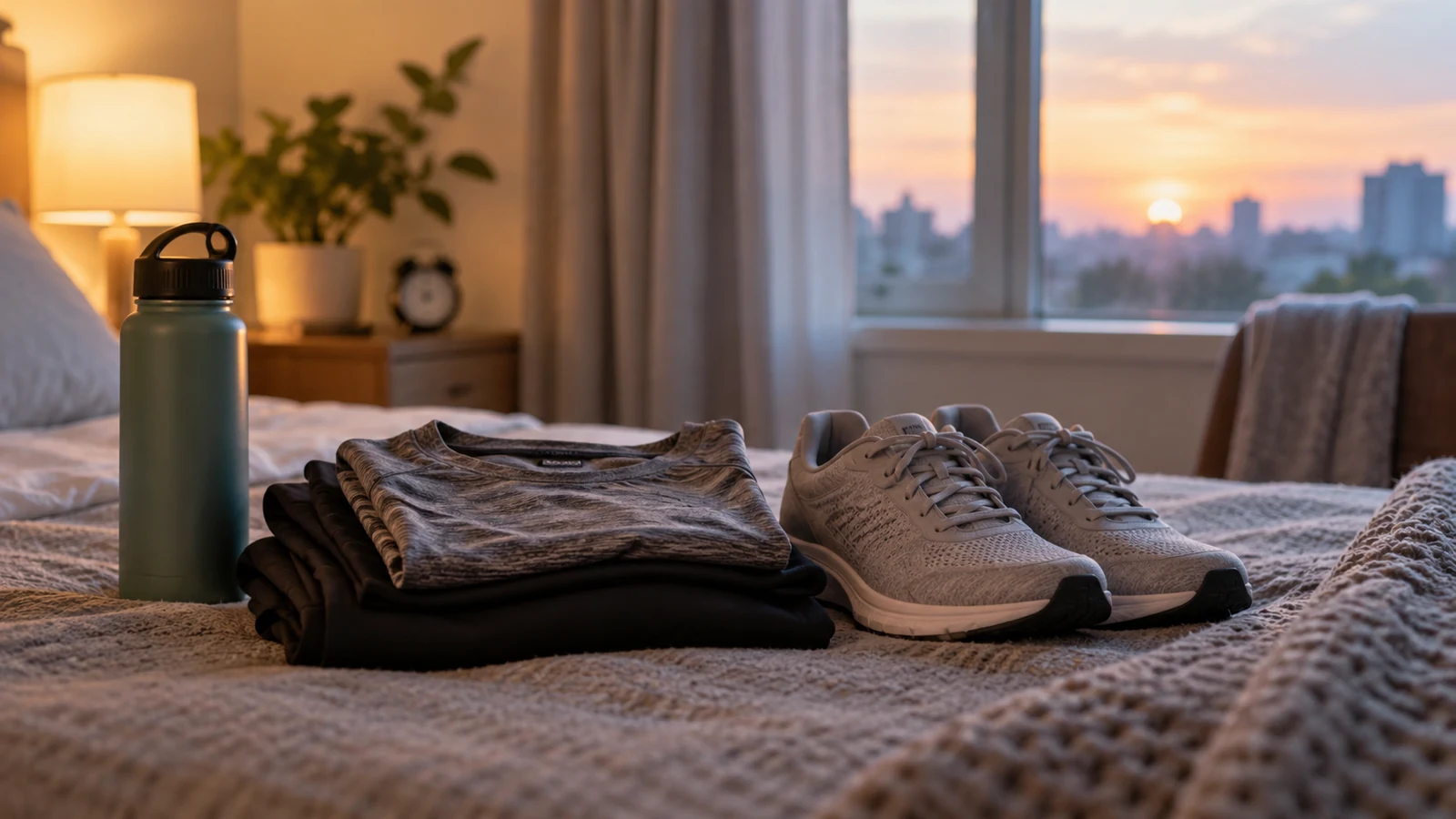Running shoes, workout clothes and a water bottle prepared by a bedroom window