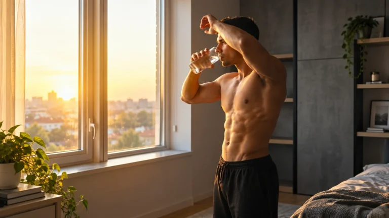 Illustrative adult drinking water by a sunlit window in the morning