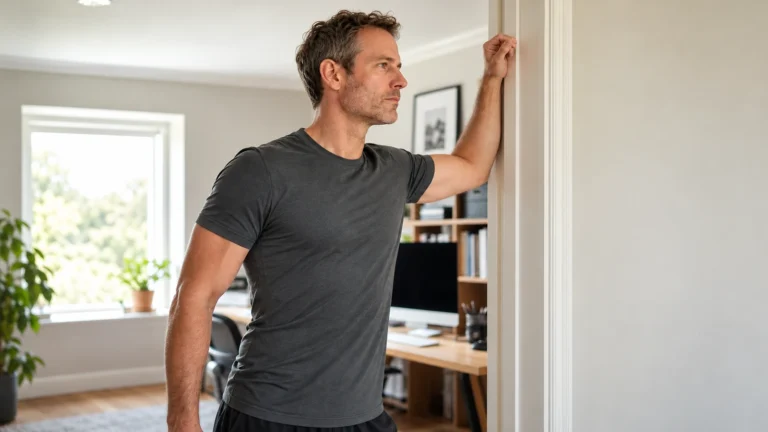 Man gently stretching his chest at a doorway in a home office, with no text or medical overlay