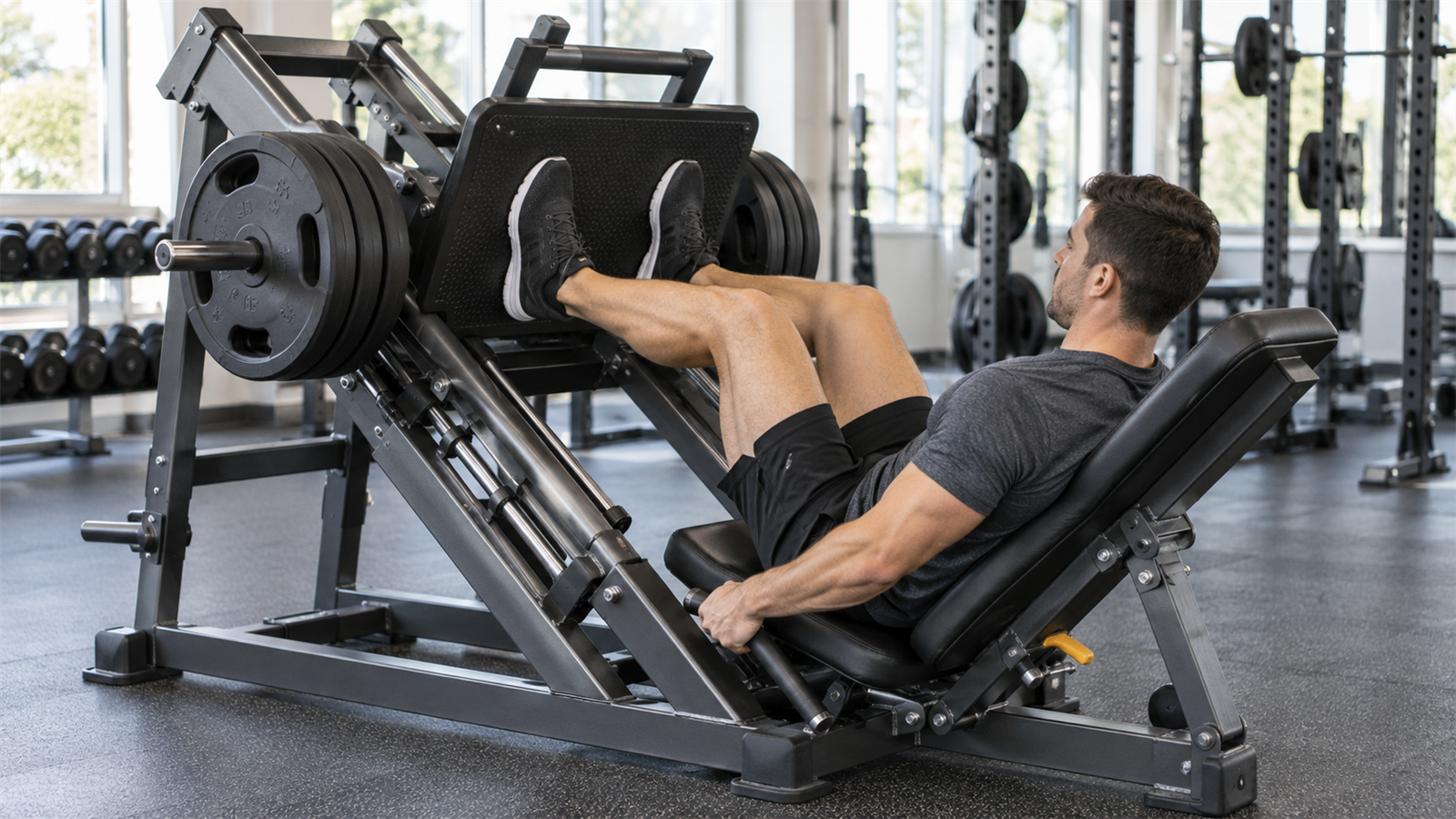 Generic adult using a 45-degree leg press machine with feet planted and knees bent in a controlled range