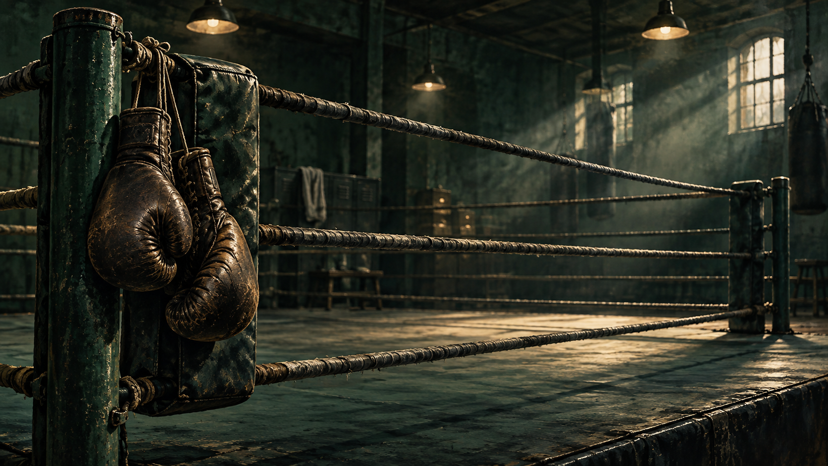 Editorial illustration of boxing gloves hanging beside an empty gym ring