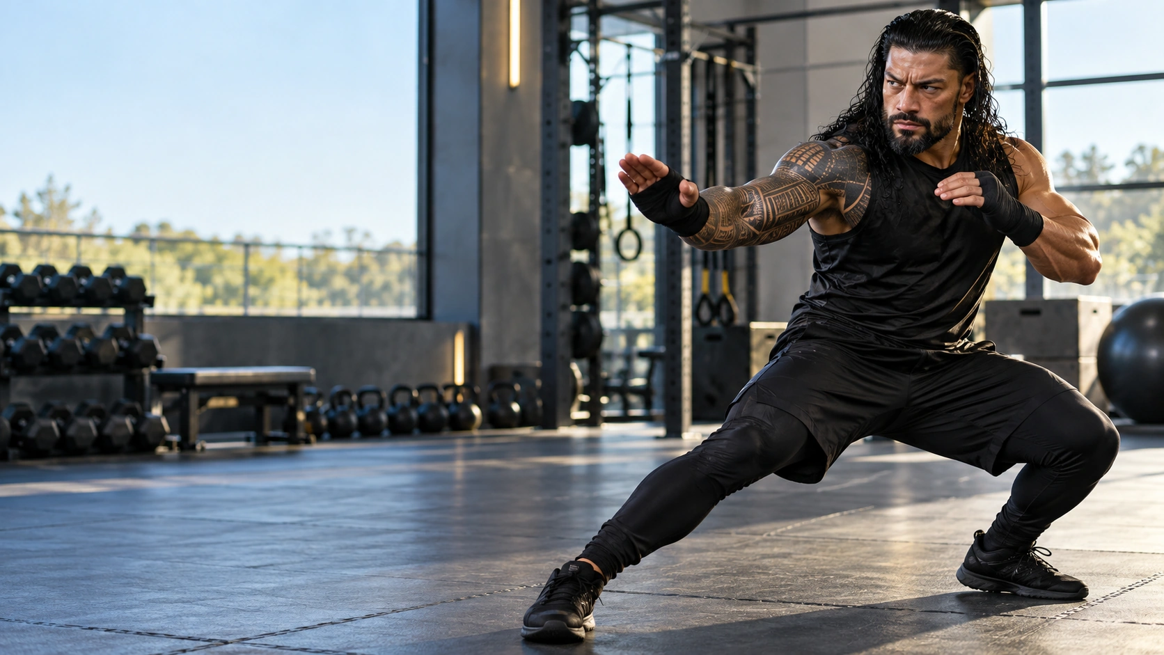 Editorial illustration of Roman Reigns in a controlled martial arts stance inside a gym