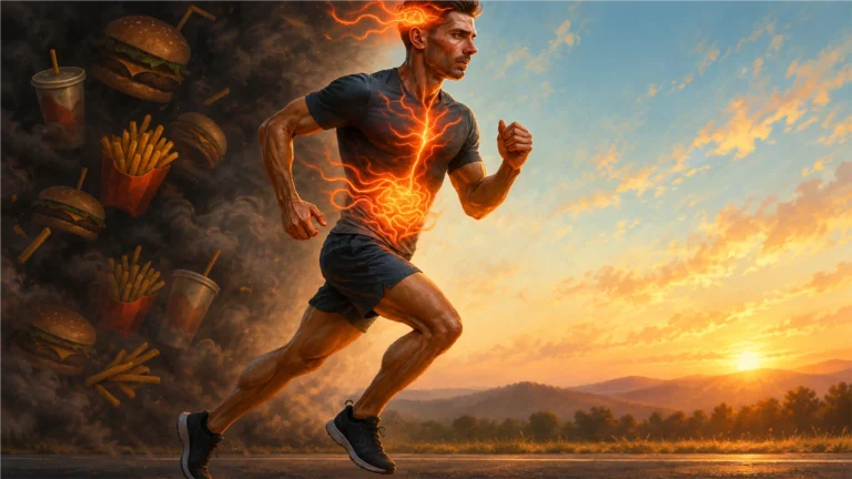 Illustrated runner moving from fast-food imagery toward an open landscape, with an abstract orange gut-energy motif
