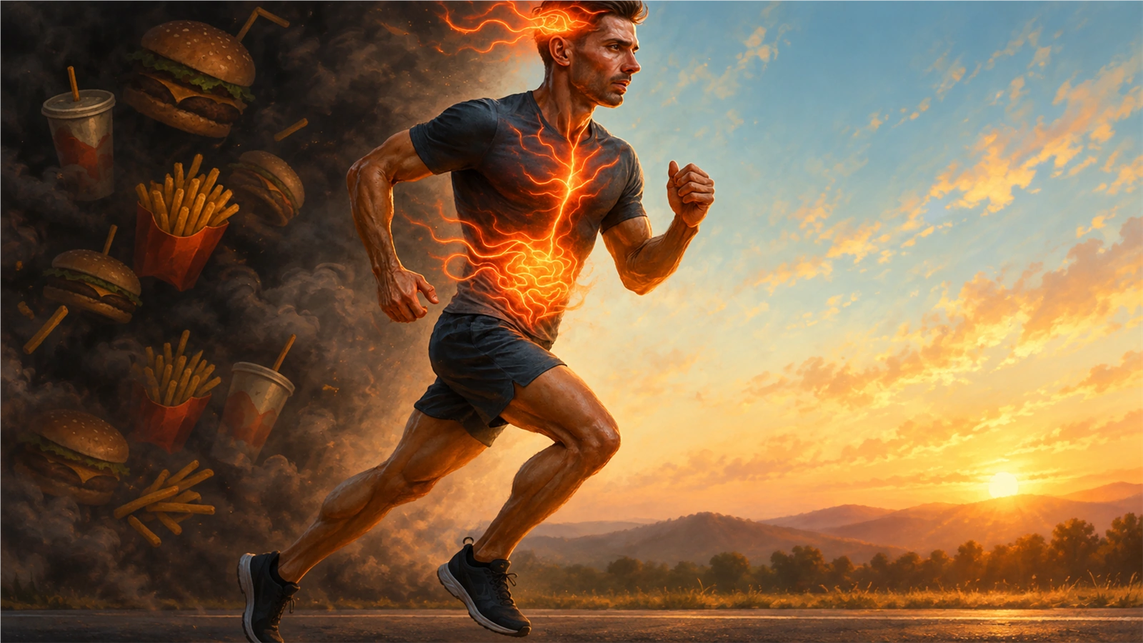 Illustrated runner moving from fast-food imagery toward an open landscape, with an abstract orange gut-energy motif