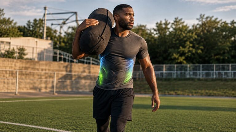 Athlete carries a dark sandbag on one shoulder across an outdoor training field.