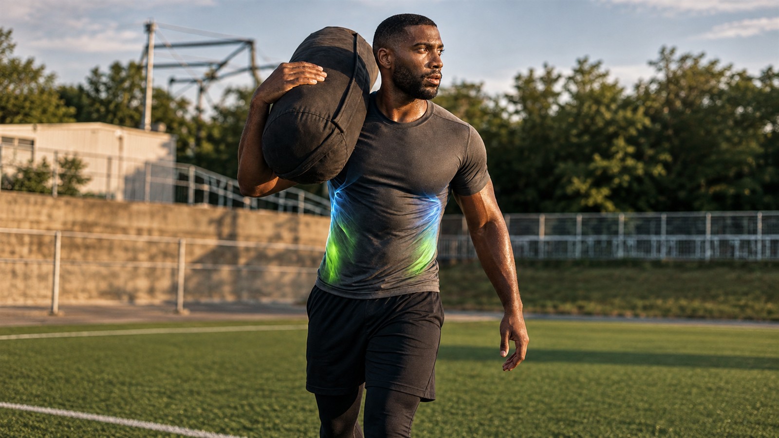Athlete carries a dark sandbag on one shoulder across an outdoor training field.