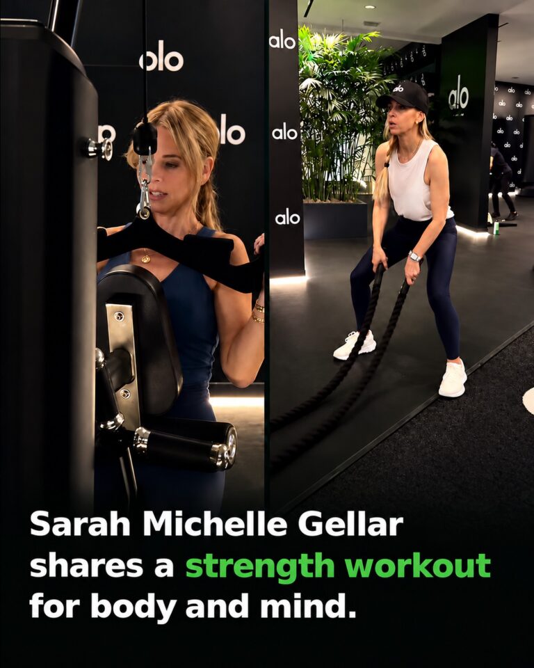 AI-enhanced stills from Sarah Michelle Gellar's October 4 workout reel showing cable work and battle ropes