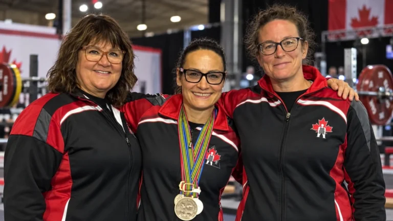Three Saskatchewan powerlifters in Canada team clothing at a competition, one wearing medals