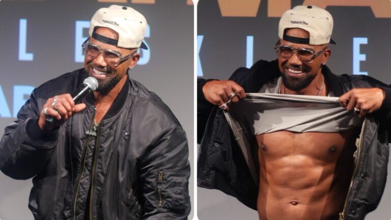 Shemar Moore speaking at a New York event and lifting his shirt in a side-by-side event photo