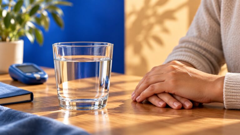 Editorial reconstruction of a calm breathing pause by a glass of water and a glucose meter; no treatment effect implied.
