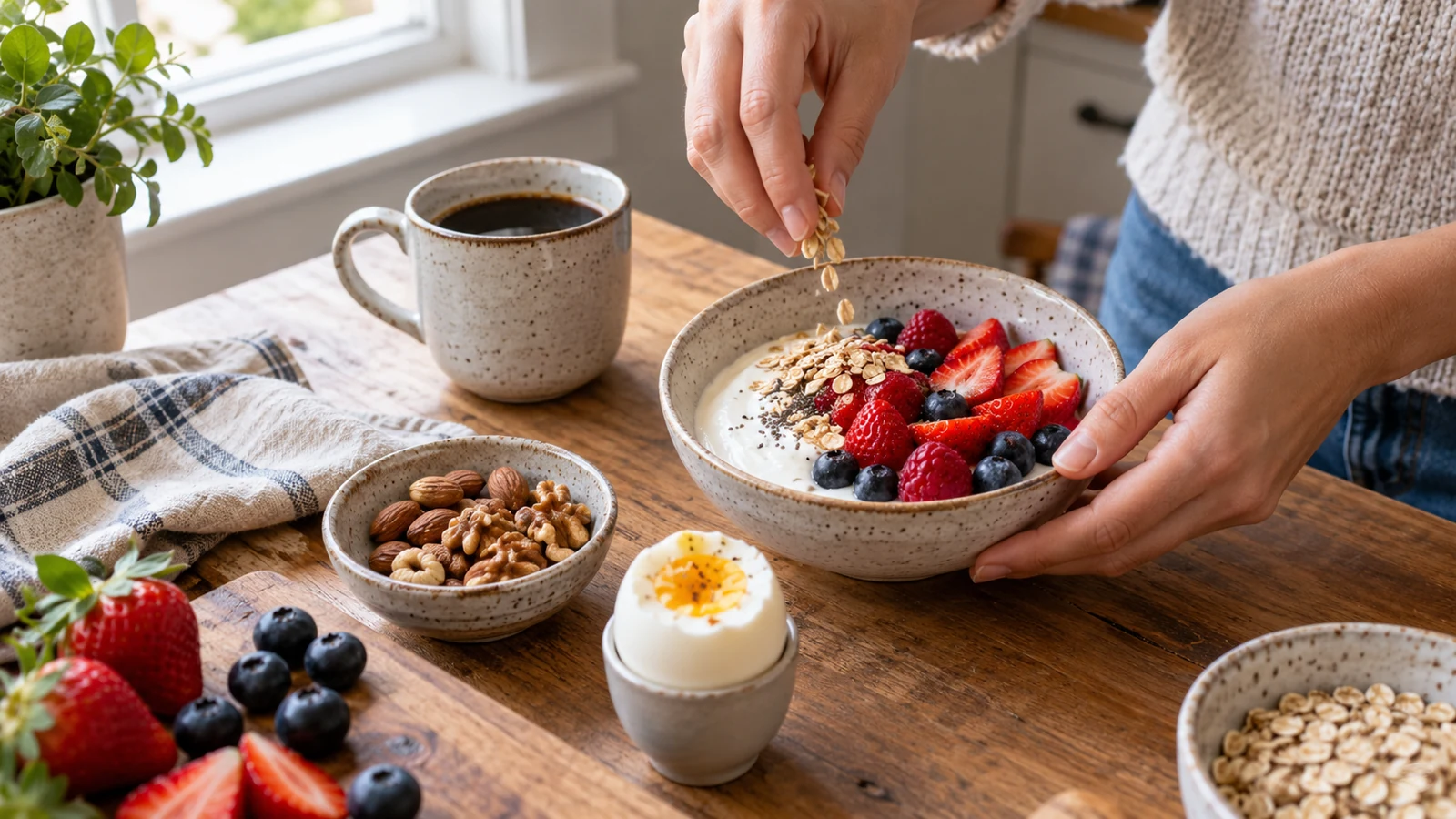 Greek yogurt with berries and oats, an egg, nuts, and coffee prepared at a kitchen table