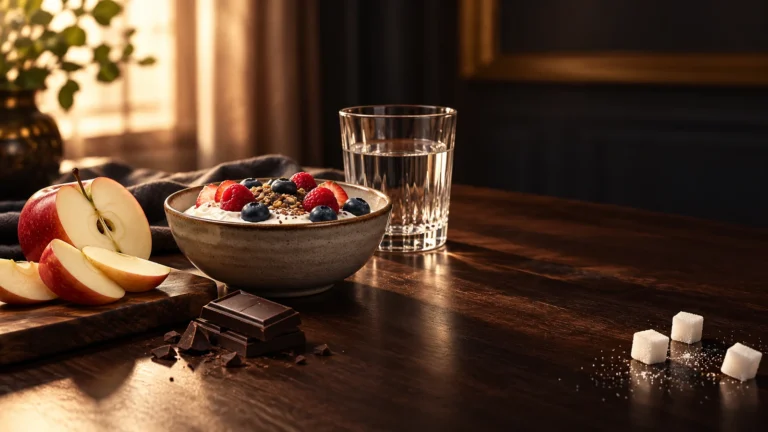 A small serving of dark chocolate beside apple slices, yogurt with berries, water, and a few sugar cubes on a dark tabletop