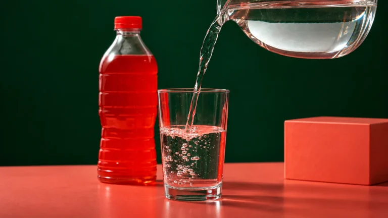 Red sugary drink beside a glass of water being poured from a pitcher; clean wide editorial photograph