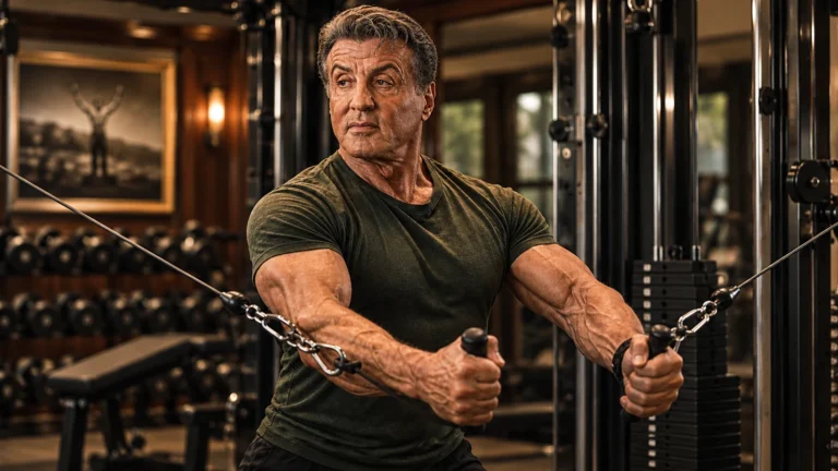 Editorial illustration of Sylvester Stallone-inspired older lifter using a cable machine in a warm gym, based on the accompanying social creative.