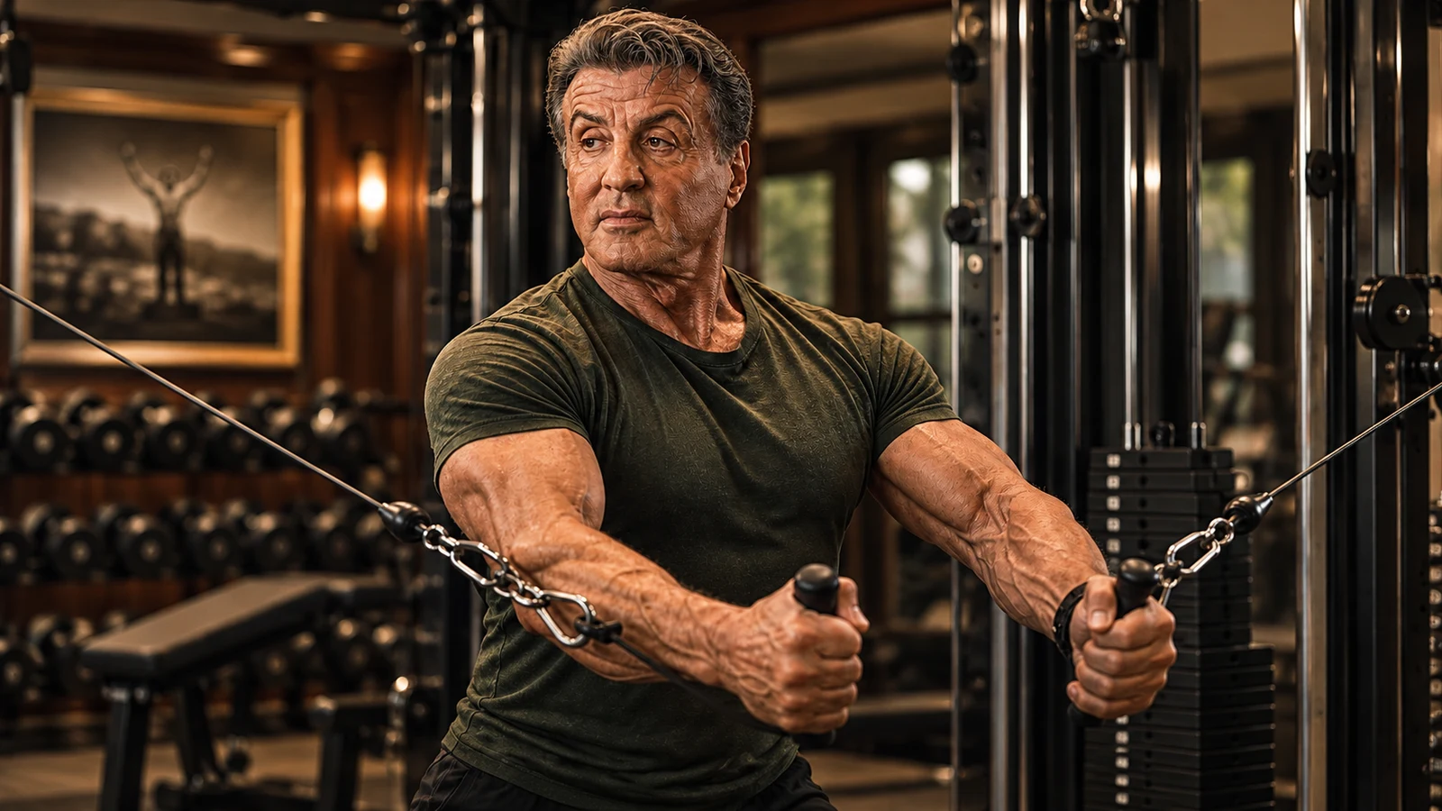 Editorial illustration of Sylvester Stallone-inspired older lifter using a cable machine in a warm gym, based on the accompanying social creative.