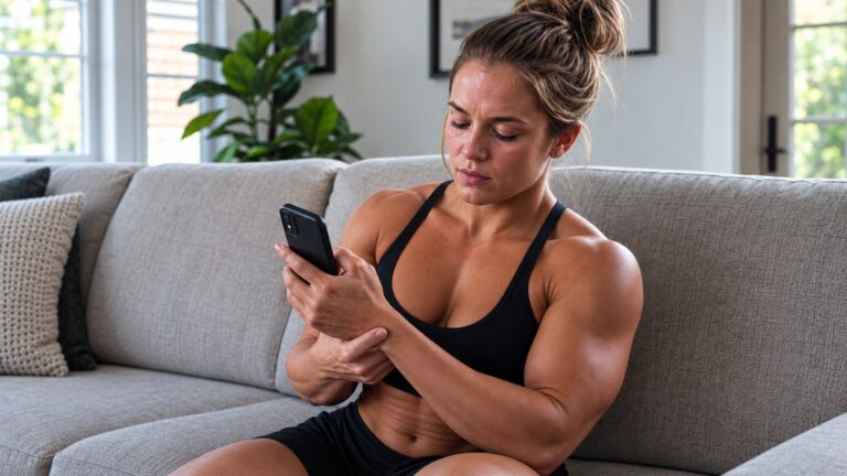 Woman on a sofa looking at a phone, from the scheduled Facebook creative without anatomical overlay or text