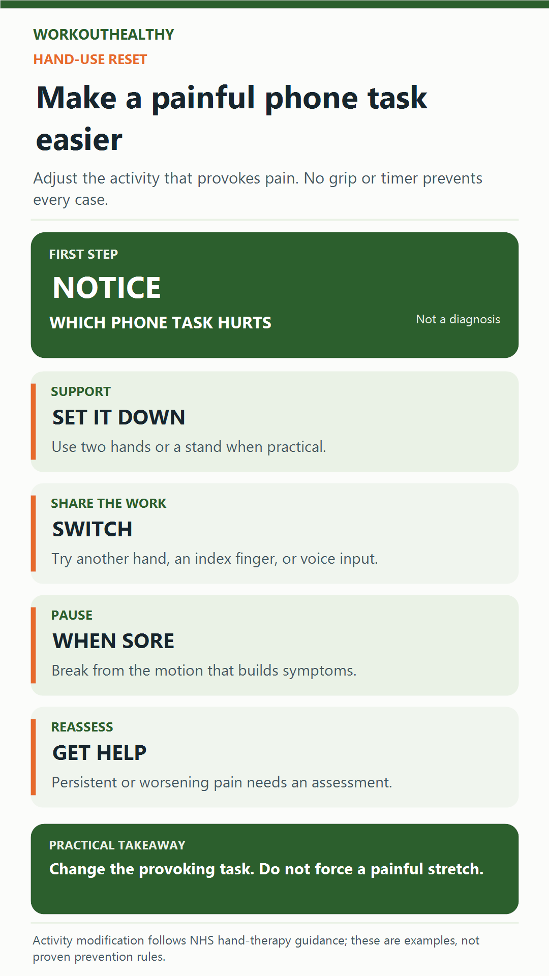 Four phone-use changes: support the device, switch fingers or hands, pause when sore, and seek care for persistent pain