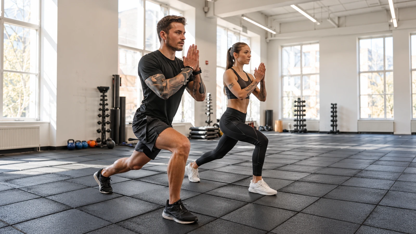 Two athletes perform lunges before training in a bright gym